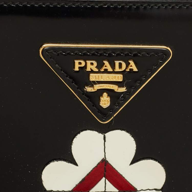 Pre Owned Prada Black Spazzolato Leather Medium Floral Double Zip Tote