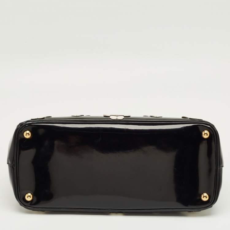 Pre Owned Prada Black Spazzolato Leather Medium Floral Double Zip Tote