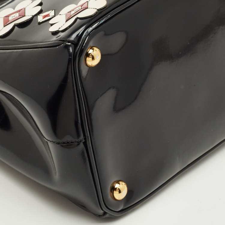 Pre Owned Prada Black Spazzolato Leather Medium Floral Double Zip Tote