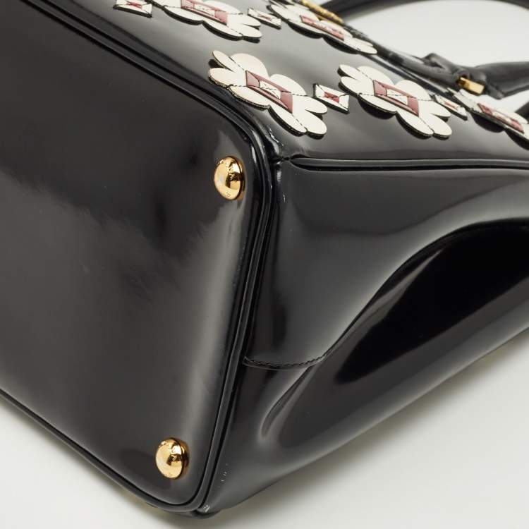 Pre Owned Prada Black Spazzolato Leather Medium Floral Double Zip Tote
