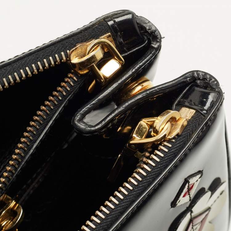 Pre Owned Prada Black Spazzolato Leather Medium Floral Double Zip Tote