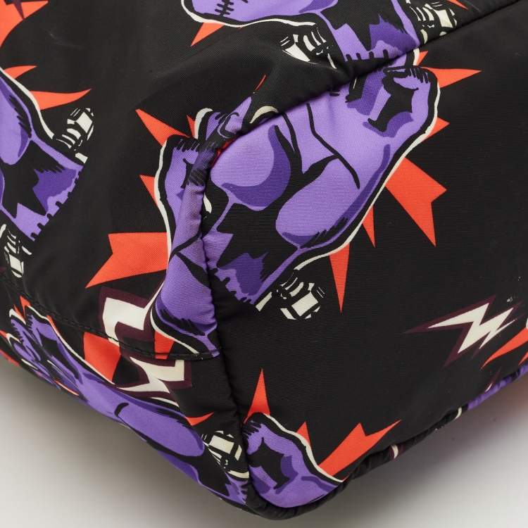 Pre Owned Prada Multicolor Nylon and Leather Frankenstein Hand Print Tote