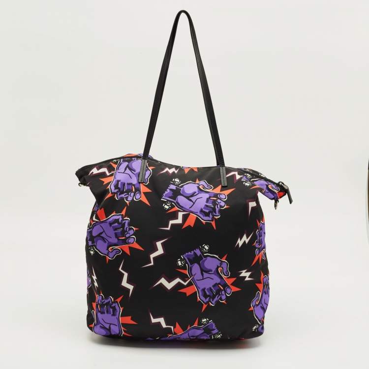 Pre Owned Prada Multicolor Nylon and Leather Frankenstein Hand Print Tote