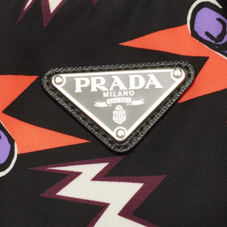 Pre Owned Prada Multicolor Nylon and Leather Frankenstein Hand Print Tote