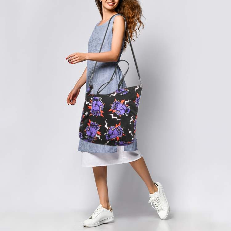 Pre Owned Prada Multicolor Nylon and Leather Frankenstein Hand Print Tote