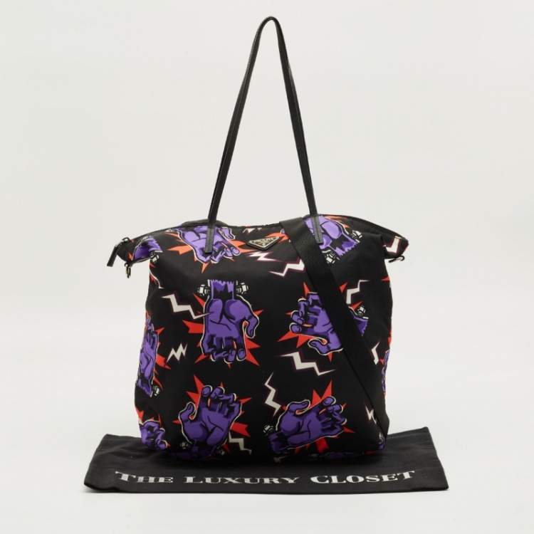 Pre Owned Prada Multicolor Nylon and Leather Frankenstein Hand Print Tote