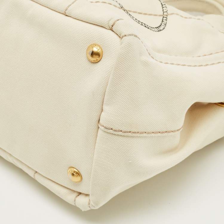 Pre Owned Prada Off White Canvas Logo Small Canapa Tote
