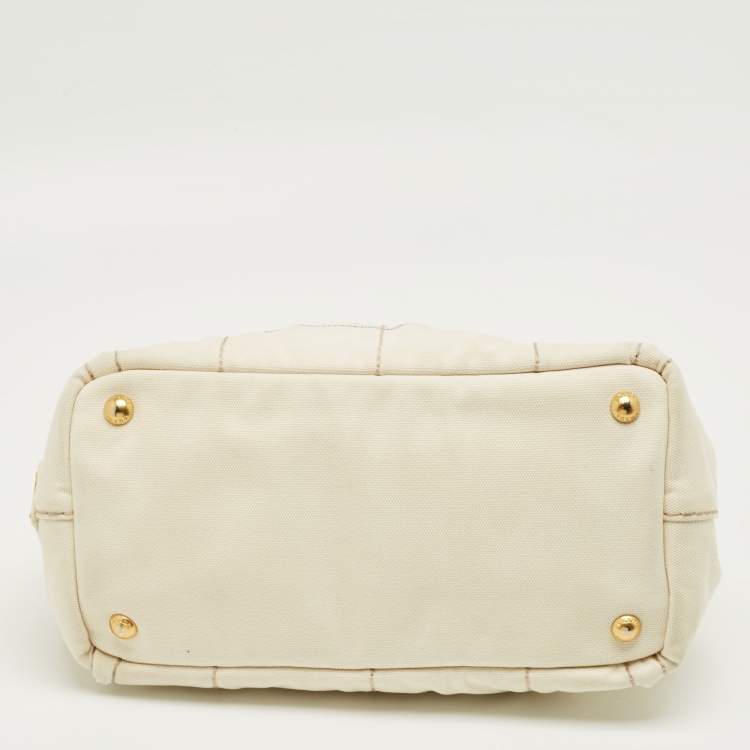 Pre Owned Prada Off White Canvas Logo Small Canapa Tote