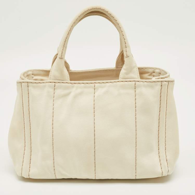 Pre Owned Prada Off White Canvas Logo Small Canapa Tote