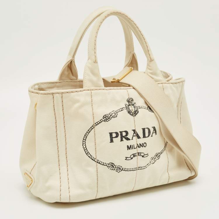 Pre Owned Prada Off White Canvas Logo Small Canapa Tote