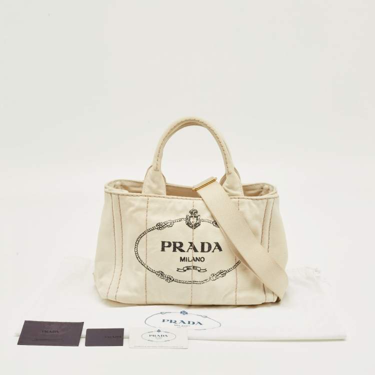Pre Owned Prada Off White Canvas Logo Small Canapa Tote