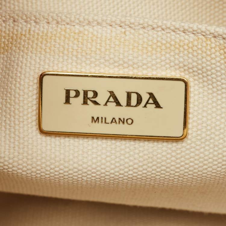 Pre Owned Prada Off White Canvas Logo Small Canapa Tote
