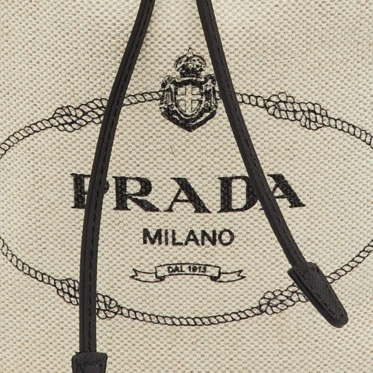Pre Owned Prada Off White/Black Canvas and Leather Logo Drawstring Wristlet Pouch