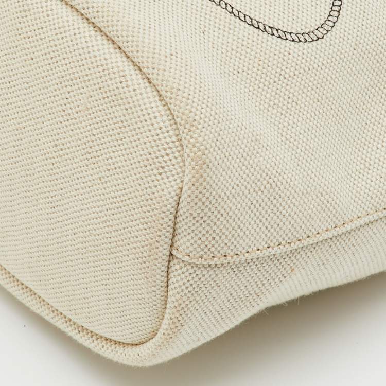 Pre Owned Prada Off White/Black Canvas and Leather Logo Drawstring Wristlet Pouch