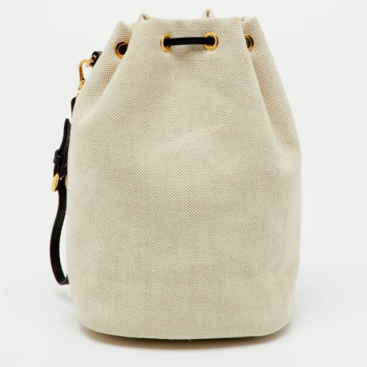 Pre Owned Prada Off White/Black Canvas and Leather Logo Drawstring Wristlet Pouch