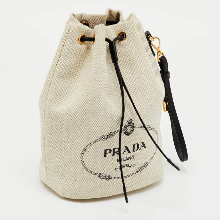 Pre Owned Prada Off White/Black Canvas and Leather Logo Drawstring Wristlet Pouch