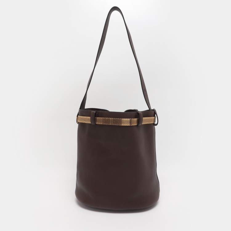 Pre Owned Prada Brown Leather Jeweled Belt Buckle Bucket Bag