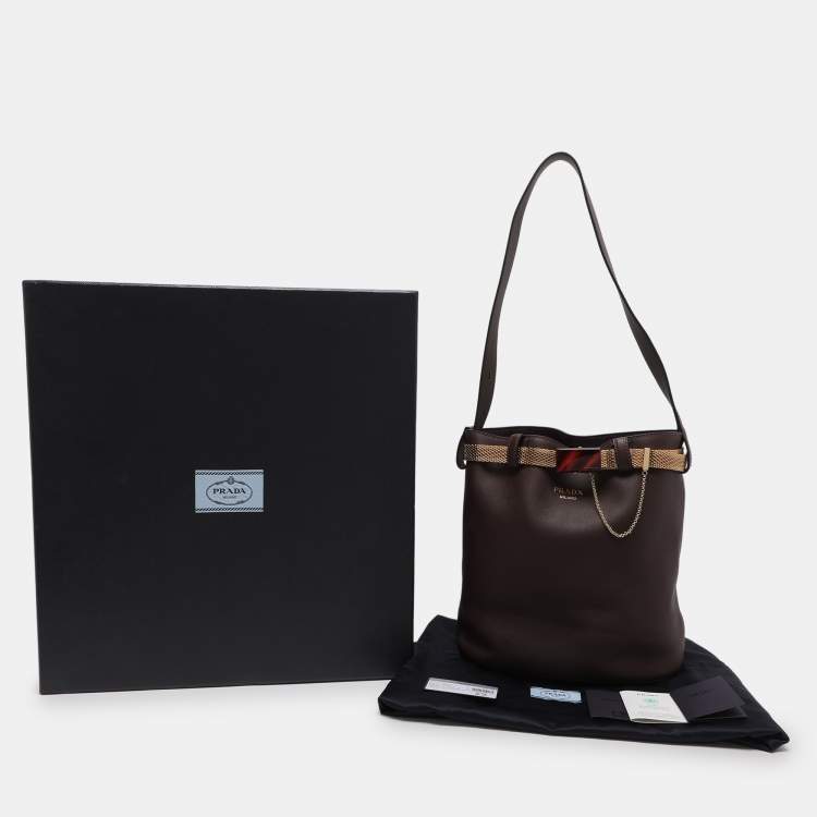 Pre Owned Prada Brown Leather Jeweled Belt Buckle Bucket Bag