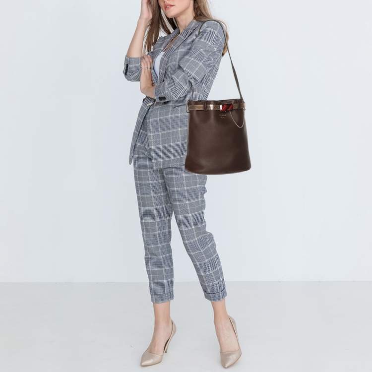 Pre Owned Prada Brown Leather Jeweled Belt Buckle Bucket Bag