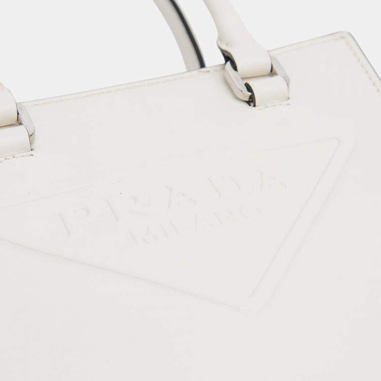 Pre Owned Prada White Mini Soft Calf Logo Drill Satchel