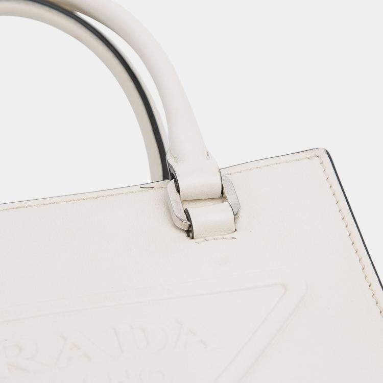 Pre Owned Prada White Mini Soft Calf Logo Drill Satchel