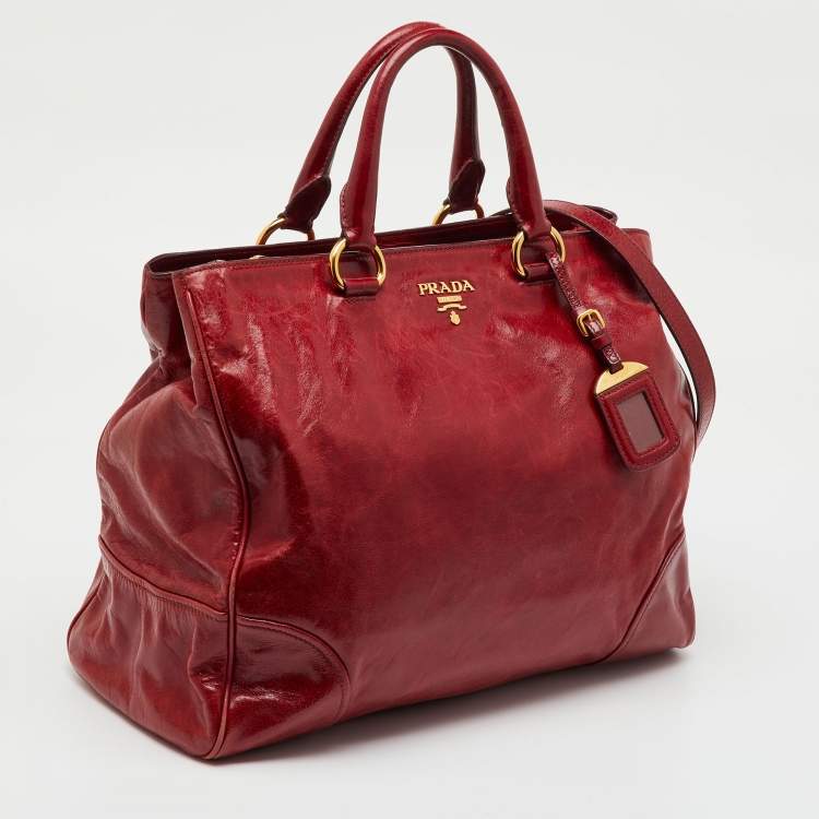 Pre Owned Prada Red Brushed Leather Double Zip Tote