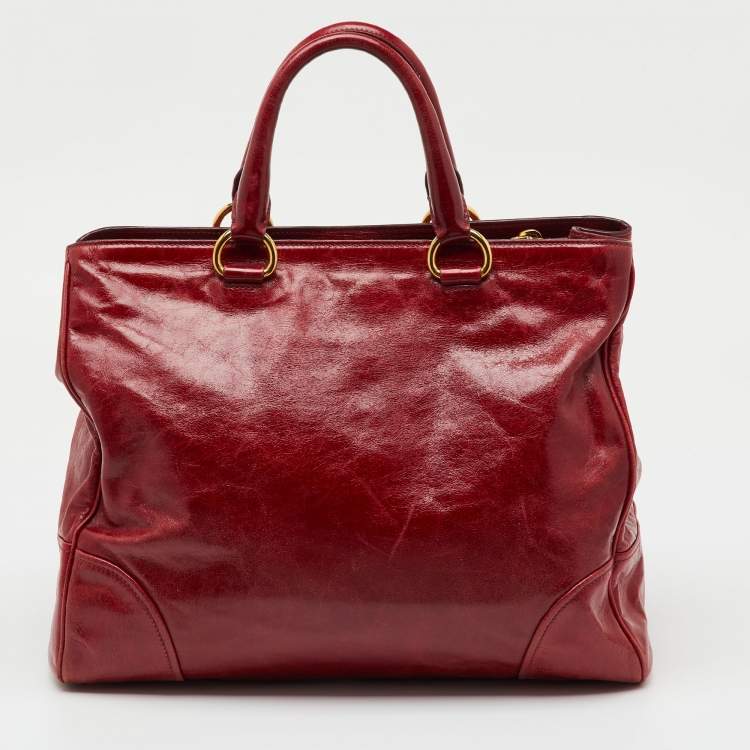 Pre Owned Prada Red Brushed Leather Double Zip Tote