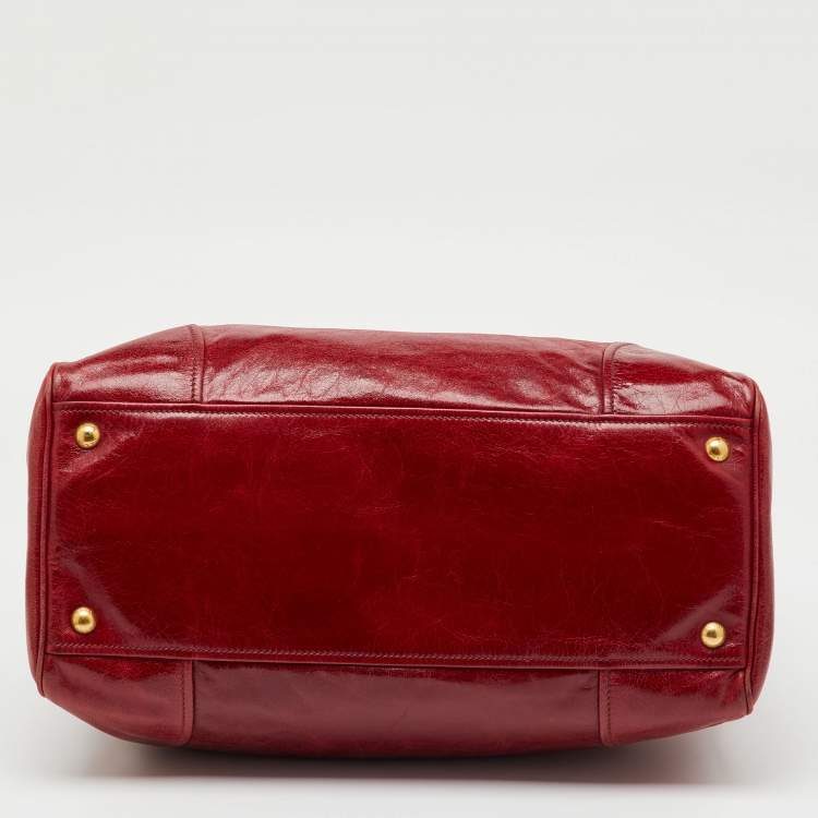 Pre Owned Prada Red Brushed Leather Double Zip Tote