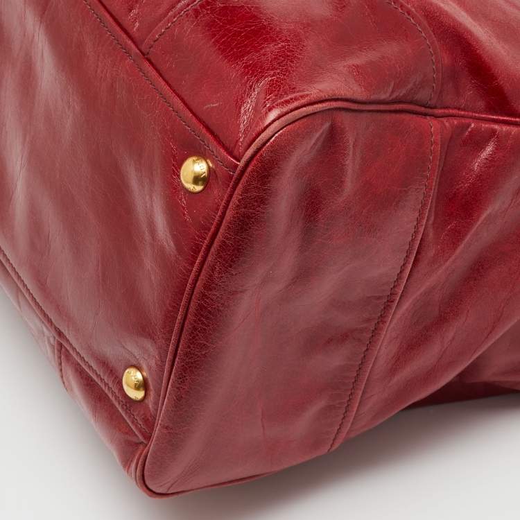 Pre Owned Prada Red Brushed Leather Double Zip Tote