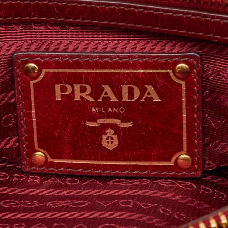 Pre Owned Prada Red Brushed Leather Double Zip Tote
