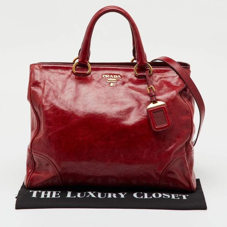Pre Owned Prada Red Brushed Leather Double Zip Tote