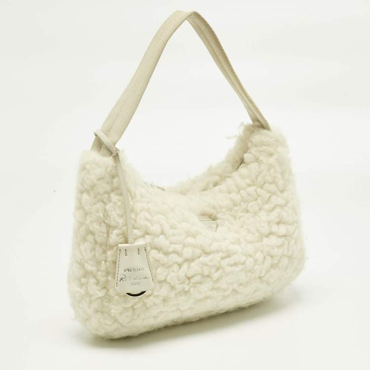 Pre Owned Prada White Wool Re-Edition 2000 Shoulder Bag
