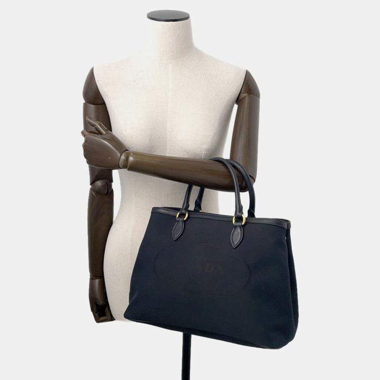 Pre Owned Prada Jacquard 2Way Handbag Black Canvas Leather