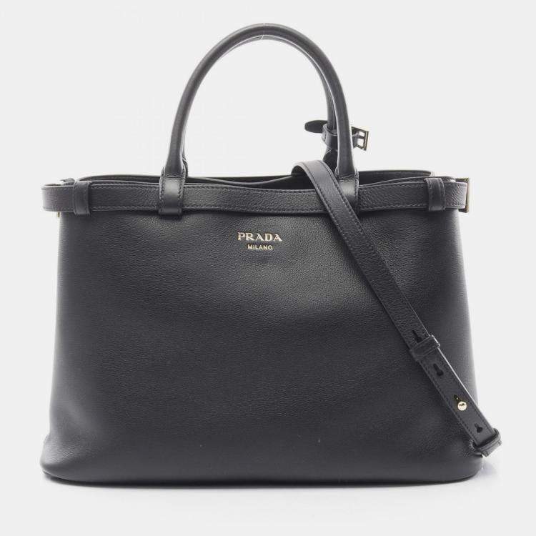 Pre Owned Prada Double Buckle Belt Medium Black Leather Shoulder Bag