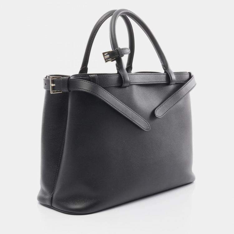 Pre Owned Prada Double Buckle Belt Medium Black Leather Shoulder Bag