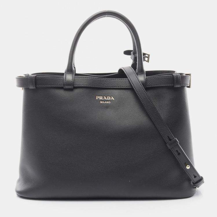 Pre Owned Prada Buckle Medium Black Leather Shoulder Bag