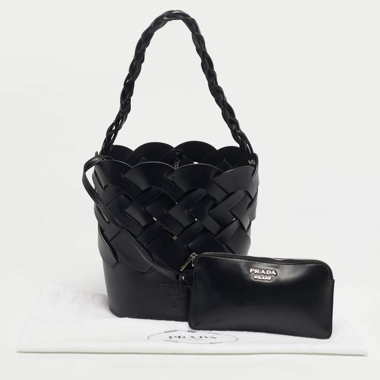 Pre Owned Prada Black Intreccio Leather Tress Bucket Bag