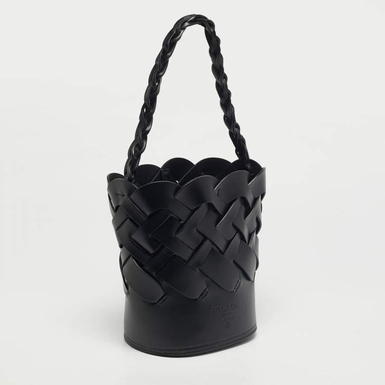 Pre Owned Prada Black Intreccio Leather Tress Bucket Bag