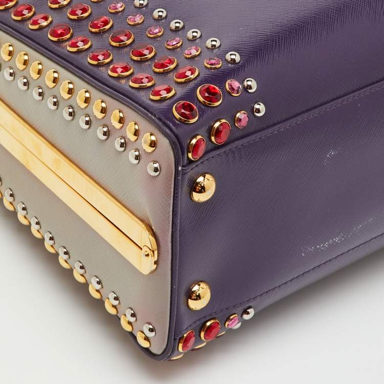 Pre Owned Prada Multicolor Saffiano Patent Leather Crystal Embellished Pyramid Frame Satchel