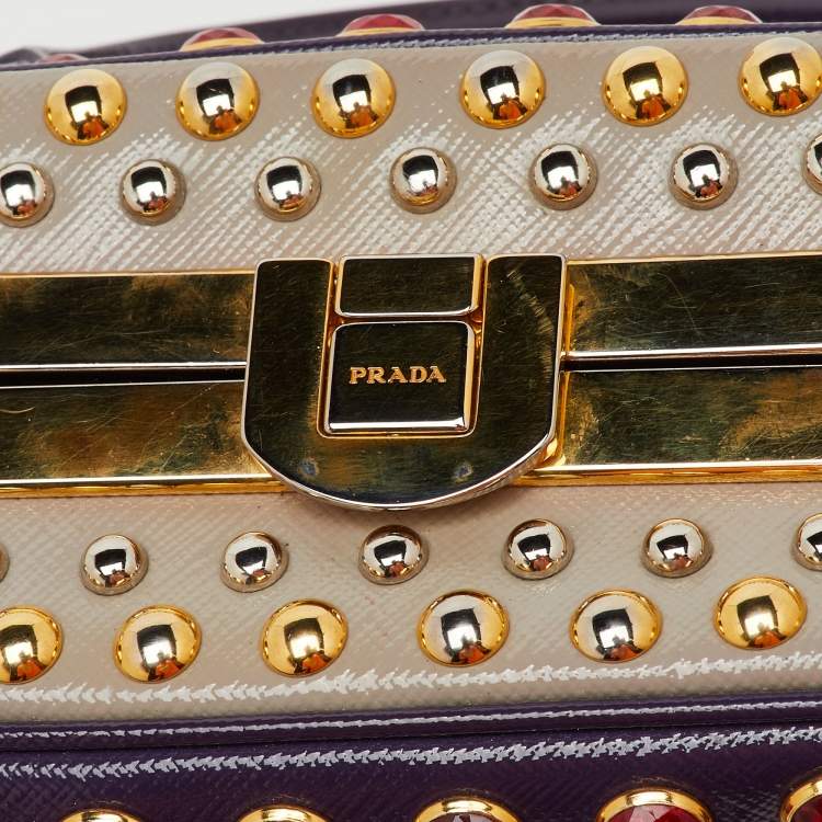 Pre Owned Prada Multicolor Saffiano Patent Leather Crystal Embellished Pyramid Frame Satchel
