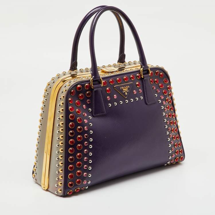 Pre Owned Prada Multicolor Saffiano Patent Leather Crystal Embellished Pyramid Frame Satchel