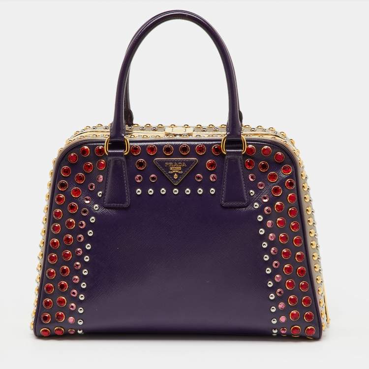 Pre Owned Prada Multicolor Saffiano Patent Leather Crystal Embellished Pyramid Frame Satchel