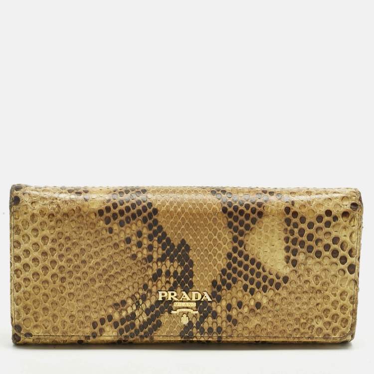 Pre Owned Prada Cream Python Logo Flap Continental Wallet