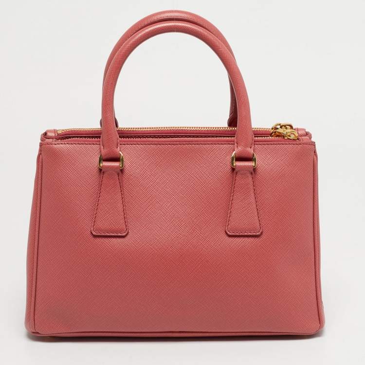 Pre Owned Prada Dark Pink Saffiano Lux Leather Mini Double Zip Tote