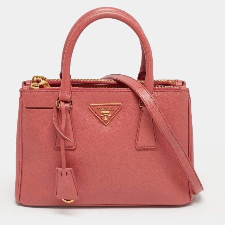 Pre Owned Prada Dark Pink Saffiano Lux Leather Mini Double Zip Tote