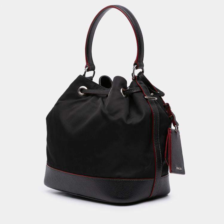 Pre Owned Prada Black Saffiano Trimmed Tessuto Bucket Bag