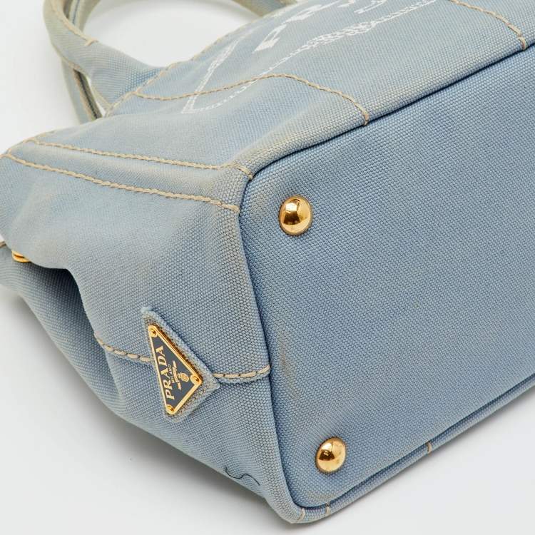 Pre Owned Prada Light Blue Canvas Logo Small Canapa Tote