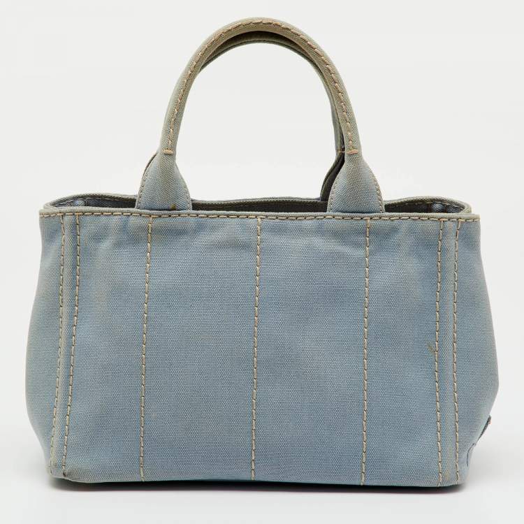Pre Owned Prada Light Blue Canvas Logo Small Canapa Tote
