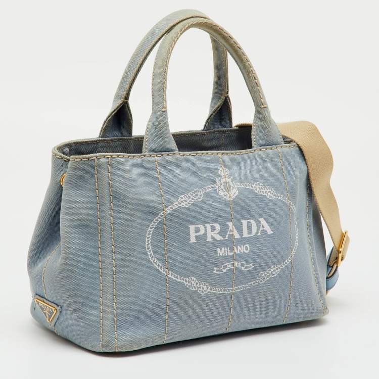 Pre Owned Prada Light Blue Canvas Logo Small Canapa Tote