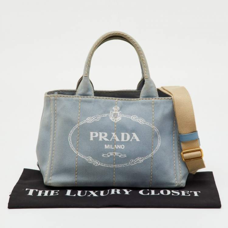 Pre Owned Prada Light Blue Canvas Logo Small Canapa Tote